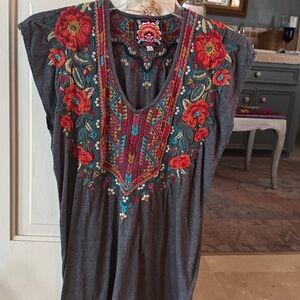 Johnny Was Multicolor Embroidered V-Neck Top